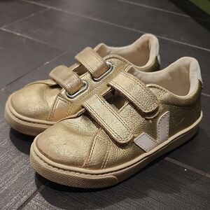 Veja Kids Metallic Gold Velcro Sneakers with White V-Logo